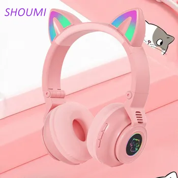 Brezžične Slušalke Slušalke Bluetooth Flash Svetlobe Luštna Mačka Ušesa Slušalke Čelada Telefon, Slušalke z Mikrofonom, LED Otroci Dekle Darilo