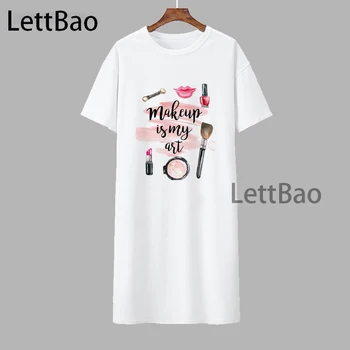 Korejski Kpop Poletje Mini Obleka Kratek Rokav Obleke, Ženske Priložnostne Svoboden Ženski Make Up Je Moja Umetnost Tiskanja Stilsko T-shirt obleko