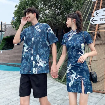 Nekaj Ujemanje Oblačila College Kitajska Obleka, Modni Slog Žerjav Cheongsam Qipao Majice Ženske, Moške Poletne Etnične Obleko Nositi Set