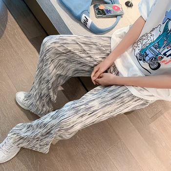 Ulične prugasta tiskanja naguban širok noge hlače ženske poletje tanke svoboden šifon dolžina tal hlače harajuku ženske dolge hlače
