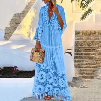 Obleke Za Ženske Poletje Moda Priložnostne Bohemian Velikosti Proti-Vrat Barva Čipke Tassel Dolgo Obleko jurken zomer 2021 dames N*