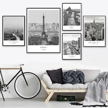 Svet Mestne Krajine Črno in Belo Platno Slikarstvo Parizu, Londonu, New Yorku Plakat v slikah, Nordijska Slog Stensko Dekoracijo Doma