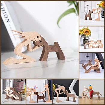 Družinski Kuža Lesa Pes Obrti Figur Namizni Namizni Okras Carving Model Ustvarjalnega Home Office Dekoracijo Ljubezni Pet Dropshipping