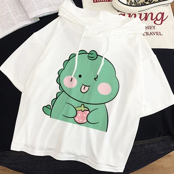 Kawaii Oblačila Mali Dinozaver Tiskanja Prevelik T Shirt Estetske Kratek Sleeve Športno Hooded T-majice Poletnih Oblačil Za Ženske