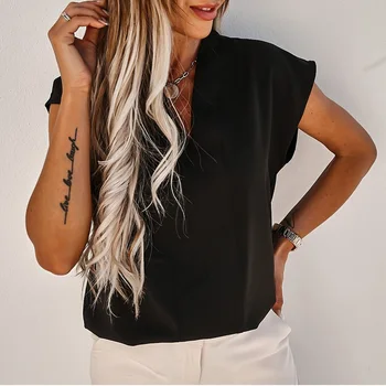 Poletje Ženske Majica Seksi V Vratu Slim Barva Priložnostne Žensko Bluzo Kratek Rokav Elegantna Urad Dame Majica 2021 Moda