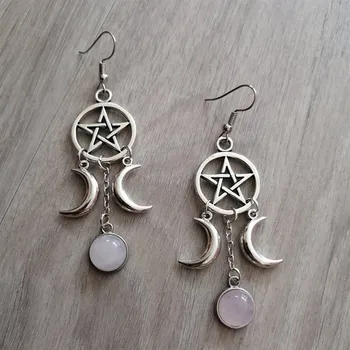 Čarovnica Pentagram Triple Moon Vijolično Kamen Uhani Naravnega Kamna Wicca Witchy Goth Izjavo Nakit Gothic Moda Za Ženske, Darilo