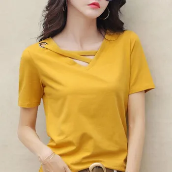 Korejski Slog Ženske T srajce Moda Barva Kratek Rokav Proti Vratu Ženske Vrhovi Tees Priložnostne Slim T shirt Femme