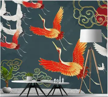 Po meri zidana 3d fotografije za ozadje Kitajski slog svetlobno razkošje zlati ročno poslikano žerjav, ki plujejo pod ozadje v dnevni sobi