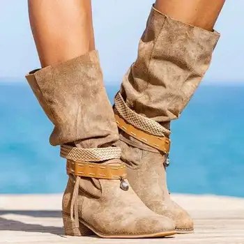 Nove ženske kratke čevlji velike ženske čevlje sredini cevi opozoril nizko debele pete Kaki rokav priložnostne zimske ženske čevlje