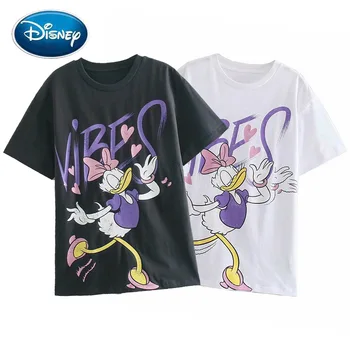 Disney T-Shirt Moda Daisy Raca Risanka Tiskanja Kratek Rokav Harajuku Žensk O-Vratu Puloverju Bombaž Koreja Ženski Tee Vrhovi 2 Barva