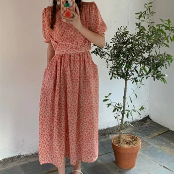 Novo 2021 Ženske Poletne Obleke Proti-Vrat Visoko Pasu Natisnjeni Cvetlični Letnik Čipke Korejski Sweet Lady Dolge Obleke, Visoke Mode