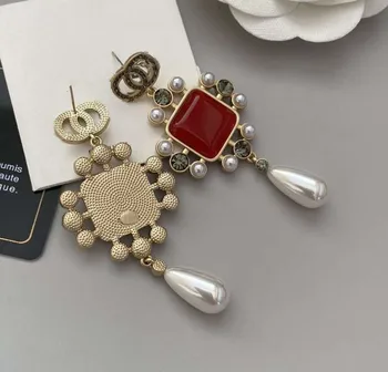 Vintage Luksuzne blagovne znamke nakit Pismo CC Rdeče Rubine Pearl spusti Stud uhani kristali eardrop Tassel Uhani za ženske Stranka Darilo