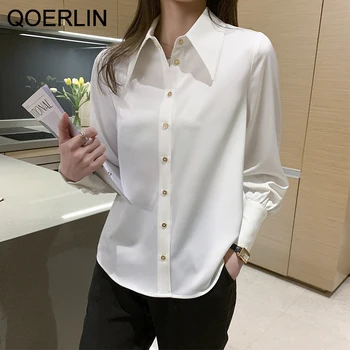 QOERLIN Girly Imitacije Svile Belo Srajco Teksturo Elegantno Delo Stil Plus Velikost Bluzo Zavoj Navzdol Gumb Puff Rokav Top Majica