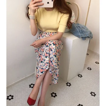 2020 Poletje Korejski Moda Dva Kosa Krilo Določa Ženske Rumena Pletene Vrhovi + Visoko Elastični Pas Natisnjeni Dolgo Krilo Elegantna Oblačila