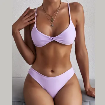 2pcs Ženske Kopalke Bikini Komplet Push-Up Oblazinjeni Zgornji Visoko Pasu Barva Bowknot Zanko Split Tangice Kopalke Seksi Plažo 2021