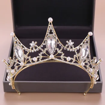 Vintage Baročno Zlato Nosorogovo Kristalno Pearl Krono Poročne naglavni del Kraljica Tiand in Krone za Lase, Nakit, Poročni Dodatki za Lase