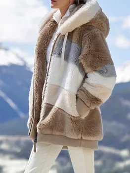 Zimski ženski Plašč Moda Priložnostne Šivanje Kariran Ženske Obleke Hooded Zadrgo Dame Plašč Jagnje Las ženske jakna