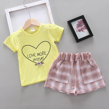 Malo Dekle Obleko Obleko Kreativno Pismo Srca Vzorec Kratek T-Shirt + Kariran Krilo Poletje Priložnostne Obleke, Otroci Od 1 do 6 Let
