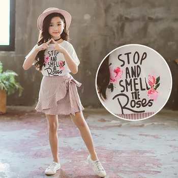Baby Dekleta Obleke Postavlja Nove Prihod Jeseni T-shirt Lok pasu Krilo 2pcs Rose Cvetje otroška Oblačila Določa Otroci Oblačila
