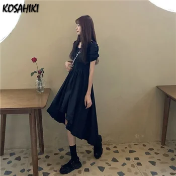 KOSAHIKI Kvadratnih Ovratnik, Kratkimi Rokavi Obleka Ženske Asimetrični Lenth Ruffle Črne Obleke 2021 korejski Gothic Haljo Vestido Mujer