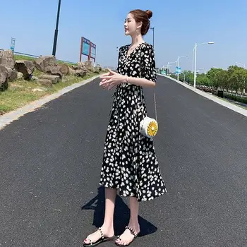 Korejski Ženske Stranka Obleko Elegantna Unif Seksi Kratke Tiskanja Obleko Proti-Vrat Cvetlični Kolena-Dolžina Obleke za Ženske Poletje Seksi Oblačila