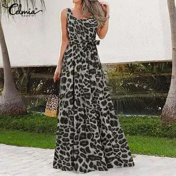 Bohemian Leopard Tiskanja Poletje Obleko Maxi Celmia Ženske Elegantne Brez Rokavov Stranka Tank Vestidos Priložnostne Swing Sundress