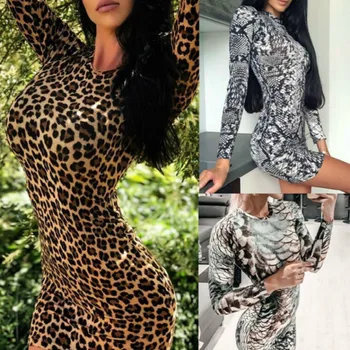 Hirigin Seksi Žensk Dolg Rokav O Vratu Obleko Leopard Tiskani Večer, Stranka, Priložnostne Urad Ženske Clubwear Mini Obleke