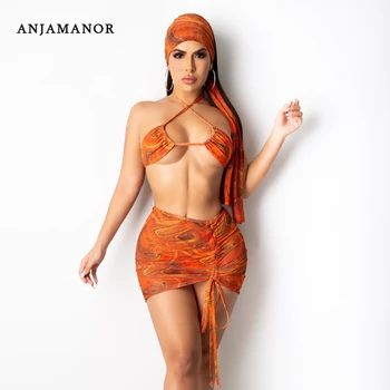 ANJAMANOR Seksi Tiskanja Orange 3 Kos Bikini Komplet Kopalke Kritje Gor Krilo z Headscarf Poletne Kopalne Obleke za Ženske D64-CD20