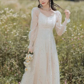 Pomlad francoske Pravljice Obleko Ženske Elegantne Mozaik Bleščica Stranka Obleko Ženski Proti-vrat Sladko Kawaii korejski Obleki Ženske 2021 Nova