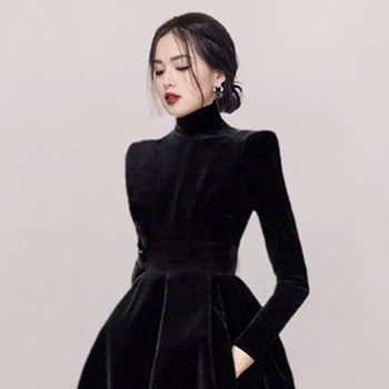 Novo 2021 Visoke Kakovosti Vintage Črnega Žameta Turtleneck Ovratnikom Stranka Obleko Za Ženske Modni Elegantno Temperament Dolg Rokav Vestidos