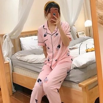 2021 Poletje Kratek Rokav, Dolge Hlače Pajama Kompleti za Ženske korejski Tiskanja Sleepwear bo Ustrezala Pižame Homewear Pijama Mujer Domov Oblačila
