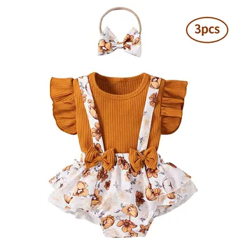 2021 Baby Obleko Dekle Kostum Kratka Sleeved Vrhu In Cvet Natisniti Suspender Hlače + Lok Hairband Otroška Oblačila Obleko Priložnostne Vroče Prodaje