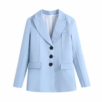Za 2021 Poletje Modra Naguban Blazerji Nastavite Ženske Letnik Enotni-Zapenjanje Blazer Moda Urad Priložnostne Obleko, Jakno Ženski Blazer