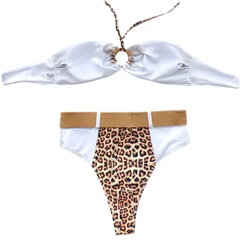 Bikini Komplet Ženske Seksi Šivanje Leopard Tiskanja Povodcem Povoj Split Dva kosa Visoka Vitka Pasu Kopalke Backless Biqini A20