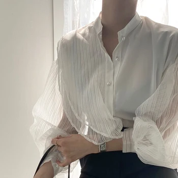 Korejski Glej Skozi Bluzo Ženske Modni Seksi Svoboden Bela ženska Majica Puff Dolg Rokav Očesa Bluzo Elegantna Oblačila 11256