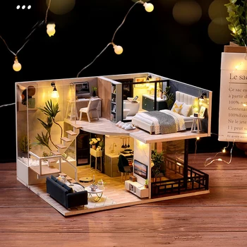 Lutka Hiša Pohištvo DIY Mini Lutka Domov Kit 3D Lesene Double-decker Mansarda Ročno Zbiranje Igrač za Otroke, Darila za Rojstni dan