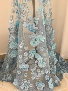 Svetlo modra francoski čipke tkanine z 3d cvetje, težke noge til tkanine, čipke z 3d florals, poročna obleka tkanine, kostum obleko