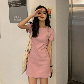 2020 korejski roza, črna, modra oblačila, casual midi t-shirt obleko urad vestido študent poletje ženske 2020 ropa tshirt slim obleke