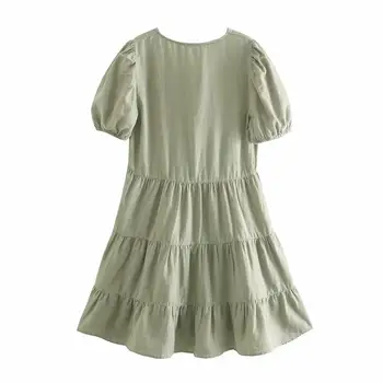 ZA Poletne Ženske Gube Obleko 2021 Novo Konoplje Kratek Rokav Priložnostne Stranka Vestido Eleganten V-izrez Svoboden Mini Dekleta Obleke