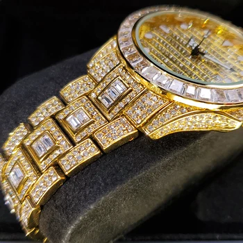 Hip Hop MISSFOX Rolexable Datejust Ledeni Iz Diamant Watch Moških Zlato Mens Ure Quartz Luksuzne blagovne Znamke Nepremočljiva Moški Buss Navzdol