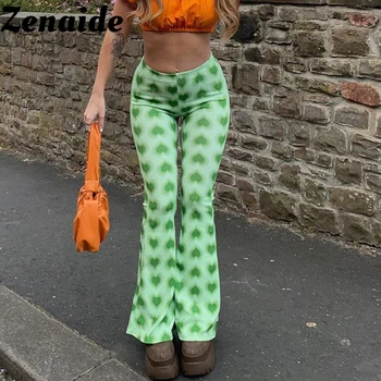 Zenaide Visoko Pasu Hlače Srce Zeleno Flare Hlače Y2K 2021 Moda Vintage Obleke Sweatpants Ženske Dolge Hlače