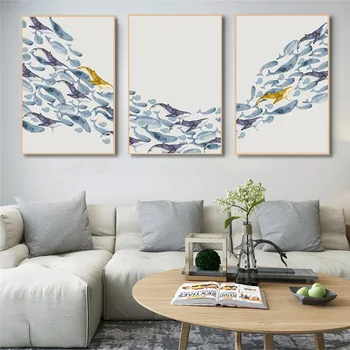 Nordijska Povzetek Ribe Ocean Wall Art Plakat Modra Minimalism Platno, Tisk Slikarstvo Moderno Stensko Sliko za Dnevni Sobi Doma Dekor