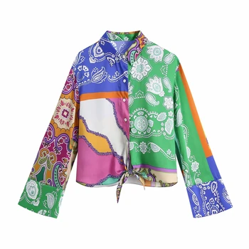 ZA 2021 pomlad Ženske priložnostne Mozaik Natisnjeni Bluze Mujer dolg Rokav ulične Totem vrh river bowknot Squiggle majica Femme