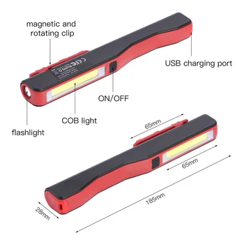 COB LED delovna Lučka USB Polnilna Svetilka Mehanik Pregled Lučka za Prenosni Ročno Žep Pero Žaromet Magnet Posnetek Kampiranje