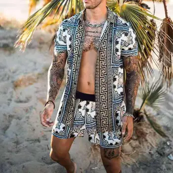 2021 Nove Modne Moške Določa Tiskanje Nacionalni Slog Hawaiian Moških Kratek Rokav Obleko Poletje Priložnostne Cvetlični Majica Plaži Dva Kosa Obleko