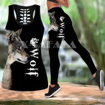 Materni Indijski Temno Volk Živali Umetnosti Dva Kosa Joga Set Ženske 3D Tiskanja Votlih Iz Tank Top Visoke Pasu Legging Poletje Priložnostne Šport