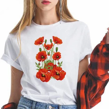 Rdeči Mak Ženske T Shirt Prevelik Priložnostne Ropa V Korejskem Slogu Preprosta Modna Cvetlični Kratek Rokav Poletnih Vrh Hipster Ženski Harajuku