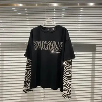 2020 Jeseni Novo Zebra Vzorec Bleščica Šivanje Preja Rokav Krog Vratu Long Sleeve Majica S Kratkimi Rokavi