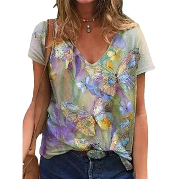 Tiskanje Bluze za Ženske Svoboden Metulj T-Shirt Kratek Sleeved V-Neck Top Pogodbenica Ženske Obleke 3D High Street Vrhovi Poletje