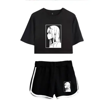 Priljubljena DRAGA v FRANXX Izpostavljeni Popka T-majica+hlače ženske Šport dve-kos določa dekle je Poletje Anime dvodelne Obleke